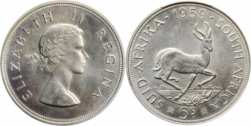 SOUTH AFRICA. 5 Shillings, 1959. PCGS PROOFLIKE-66 Gold Shield.

KM-52. A boldly...