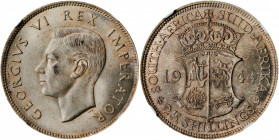 SOUTH AFRICA. 2-1/2 Shillings, 1944. NGC MS-64.

KM-30. A softly lustrous coin with pleasing gray to almond tone and a dark scuff on the cheek of Geor...