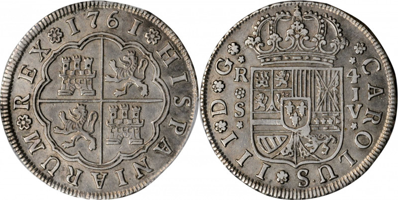 SPAIN. 4 Reales, 1761-S JV. Seville Mint. Charles III. PCGS AU-50 Gold Shield.

...