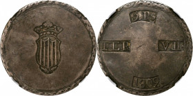 SPAIN. Terragona. 5 Pesetas, 1809. Tarragona (Cataluna) Mint. Ferdinand VII. NGC EF-45.

Dav-316; KM-5. Large "0" in date, curved base. A well-centere...