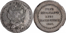 SPAIN. Silver 8 Reales Proclamation Medal, 1808. Ferdinand VII. NGC EF-45.

Medina-351. A wholesome and well detailed Puno Proclamation Medal with gen...