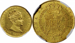SPAIN. 80 Reales, 1844-B PS. Barcelona Mint. Isabel II. NGC MS-63.

Fr-324; KM-578.1; Cal-Type 190#711. De Vellon coinage, Large Bust Variety. A boldl...