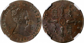SPAIN. 8 Maravedis, 1848-JA. Jubia Mint. Isabel II. NGC MS-63 Brown.

KM-530.2. An attractive example of the type with silky surfaces, sharp strike de...