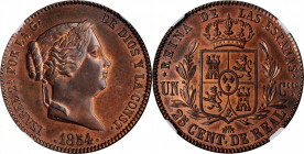 SPAIN. 25 Centimos, 1854. Segovia Mint. Isabel II. NGC PROOF-65 Red Brown.

KM-615.2. A crisply struck coin with somewhat flashy fields and red-brick ...