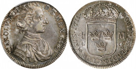 SWEDEN. 4 Mark, 1711-LC. Karl XII. PCGS AU-53 Gold Shield.

KM-337. A sharply struck coin with pleasing gray to dark gray toning, and some patches of ...