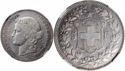 SWITZERLAND. 5 Francs, 1888-B. Bern Mint. NGC VF-35.

KM-34; HMZ 2-1198a. Mintage: 25,000. A wholesome and circulated example of this  SCARCE  date, l...