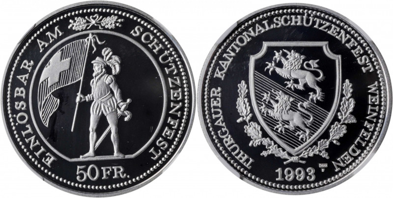 SWITZERLAND. Thurgau Shooting Festival 50 Francs, 1993. NGC PROOF-69 Ultra Cameo...
