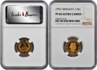 URUGUAY. 1/4 Gaucho, 1992. NGC PROOF-66 Ultra Cameo.

Fr-12; KM-108. Mintage: 500. A brilliant Proof with hard mirrored fields and frosted cameo devic...