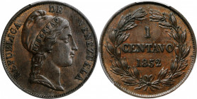 VENEZUELA. Centavo, 1852. PCGS MS-62 Brown Gold Shield.

KM-Y-6. A handsome, sharply struck Centavo with deep chocolate brown patina and faintly gloss...