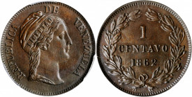 VENEZUELA. Centavo, 1862-H. Heaton Mint. PCGS MS-62 Brown Gold Shield.

KM-Y-7. A well struck Centavo with glossy luster and deep brown patina through...