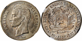 VENEZUELA. 2 Bolivares, 1926. Philadelphia Mint. NGC MS-63+.

KM-Y-23. An issue seldom-seen at auction, this lustrous example is the second finest cer...