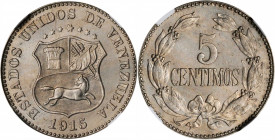 VENEZUELA. 5 Centimos, 1915. NGC MS-62.

KM-Y-27. A very attractive coin with frosty, original surfaces and even gray toning that displays faint plum ...