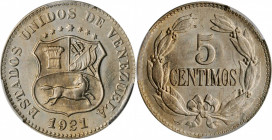 VENEZUELA. 5 Centimos, 1921. PCGS MS-64 Gold Shield.

KM-Y-27. An attractive coin with fully satiny luster and streaked toning that is quite typical o...