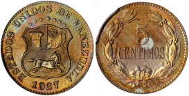 VENEZUELA. 5 Centimos, 1927. PCGS MS-66+ Gold Shield.

KM-Y-27. Pop: 1, only one graded finer by PCGS. A sharply struck coin with gorgeous multicolore...