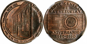 VENEZUELA. Copper -- Off Metal Strike -- 50 Bolivares Pattern, 1990. NGC MS-65 Brown.

cf.KM-Y-67. An off metal strike for the Central Bank Anniversar...