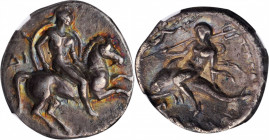 ITALY. Calabria. Tarentum. AR Didrachm (Nomos), ca. 340-332 B.C. NGC Ch VF.

HGC-1, 789; HN Italy-891. Obverse: Warrior, wearing helmet and holding sp...