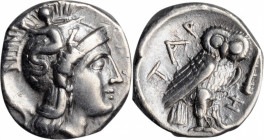 ITALY. Calabria. Tarentum. AR Drachm (3.24 gms), ca. 302-280 B.C. ALMOST UNCIRCULATED.

HGC-1, 823; HN Italy-975. Obverse: Helmeted head of Athena rig...