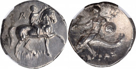 ITALY. Calabria. Tarentum. AR Didrachm (Nomos) (6.55 gms), ca. 280-272 B.C. NGC Ch AU, Strike: 4/5 Surface: 3/5. Overstruck.

HGC-1, 884; HN Italy-100...