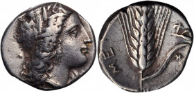 ITALY. Lucania. Metapontion. AR Didrachm (Nomos) (7.85 gms), ca. 330-290 B.C. CHOICE VERY FINE. Graffito.

HGC-1, 1063; HN Italy-1581. Obverse: Wreath...