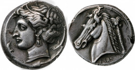 SICILY. Entella ("The Camp"). AR Tetradrachm (19.29 gms), ca. 320/15-305/0 B.C. CHOICE VERY FINE. Repaired.

HGC-2, 287. Obverse: Head of Arethoussa l...