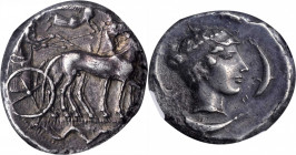 SICILY. Syracuse. Second Democracy, 466-406 B.C. AR Tetradrachm (17.28 gms), ca. 440-430 B.C. NGC EF, Strike: 4/5 Surface: 2/5. Scratches.

HGC-2, 131...