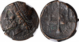 SICILY. Syracuse. Hieron II, 275-215 B.C. AE Litra, 263-218 B.C. NGC Ch VF.

HGC-2, 1550. Obverse: Head of Poseidon left, wearing tainia; Reverse: Orn...