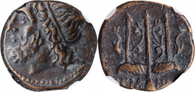 SICILY. Syracuse. Hieron II, 275-215 B.C. AE Litra, 263-218 B.C. NGC Ch VF.

HGC-2, 1550. Obverse: Head of Poseidon left, wearing tainia; Reverse: Orn...