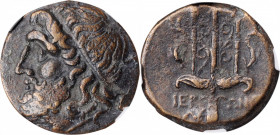 SICILY. Syracuse. Hieron II, 275-215 B.C. AE Litra, 263-218 B.C. NGC Ch VF.

HGC-2, 1550. Obverse: Head of Poseidon left, wearing tainia; Reverse: Orn...