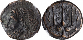 SICILY. Syracuse. Hieron II, 275-215 B.C. AE Litra, 263-218 B.C. NGC Ch VF.

HGC-2, 1550. Obverse: Head of Poseidon left, wearing tainia; Reverse: Orn...