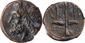 SICILY. Syracuse. Hieron II, 275-215 B.C. AE Litra, 263-218 B.C. NGC Ch VF.

HGC-2, 1550. Obverse: Head of Poseidon left, wearing tainia; Reverse: Orn...