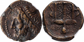 SICILY. Syracuse. Hieron II, 275-215 B.C. AE Litra, 263-218 B.C. NGC Ch VF.

HGC-2, 1550. Obverse: Head of Poseidon left, wearing tainia; Reverse: Orn...