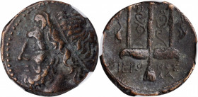 SICILY. Syracuse. Hieron II, 275-215 B.C. AE Litra, 263-218 B.C. NGC Ch VF.

HGC-2, 1550. Obverse: Head of Poseidon left, wearing tainia; Reverse: Orn...