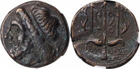 SICILY. Syracuse. Hieron II, 275-215 B.C. AE Litra, 263-218 B.C. NGC Ch VF.

HGC-2, 1550. Obverse: Head of Poseidon left, wearing tainia; Reverse: Orn...