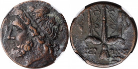 SICILY. Syracuse. Hieron II, 275-215 B.C. AE Litra, 263-218 B.C. NGC Ch VF.

HGC-2, 1550. Obverse: Head of Poseidon left, wearing tainia; Reverse: Orn...