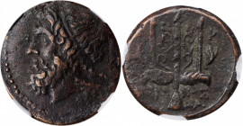 SICILY. Syracuse. Hieron II, 275-215 B.C. AE Litra, 263-218 B.C. NGC Ch VF.

HGC-2, 1550. Obverse: Head of Poseidon left, wearing tainia; Reverse: Orn...