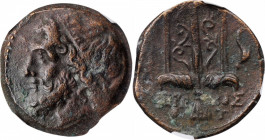 SICILY. Syracuse. Hieron II, 275-215 B.C. AE Litra, 263-218 B.C. NGC Ch VF.

HGC-2, 1550. Obverse: Head of Poseidon left, wearing tainia; Reverse: Orn...