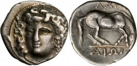 THESSALY. Larissa. AR Drachm (6.00 gms), ca. 365-356 B.C. CHOICE VERY FINE.

BCD Thessaly-II, 315-6; HGC-4, 454. Obverse: Head of the nymph Larissa fa...