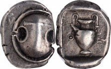 BOEOTIA. Thebes. AR Stater (12.08 gms), ca. 425-400 B.C. NGC Ch VF, Strike: 4/5 Surface: 4/5.

HGC-4, 1325; BCD Boiotia-388. Obverse: Boeotian shield;...