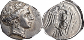 EUBOIA. Chalkis. AR Drachm (3.78 gms), ca. 290-273/1 B.C. NGC Ch EF, Strike: 5/5 Surface: 4/5.

HGC-4, 1464; BCD Euboia-178-80. Obverse: Head of the n...