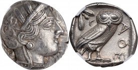 ATTICA. Athens. AR Tetradrachm (17.14 gms), ca. 454-404 B.C. NGC Ch AU, Strike: 5/5 Surface: 3/5.

HGC-4, 1597; Kroll-8. Obverse: Helmeted head of Ath...