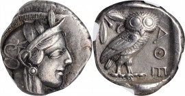 ATTICA. Athens. AR Tetradrachm (17.09 gms), ca. 454-404 B.C. NGC EF, Strike: 5/5 Surface: 3/5.

HGC-4, 1597; Kroll-8. Obverse: Helmeted head of Athena...