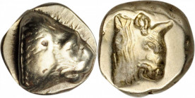 LESBOS. Mytilene. EL Hekte (2.52 gms), ca. 478-455 B.C. CHOICE VERY FINE.

HGC-6, 955; Bodenstedt-28. Obverse: Head of lion right; ΛΕ below; Reverse: ...