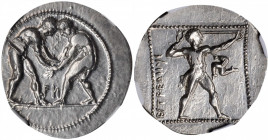 PAMPHYLIA. Aspendos. AR Stater (10.89 gms), ca. 380/75-330/25 B.C. NGC AU, Strike: 4/5 Surface: 3/5. Scuff.

SNG BN-99-100. Obverse: Two wrestlers gra...