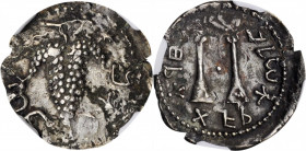 JUDAEA. Bar Kochba Revolt, 132-135 C.E. AR Zuz (3.30 gms), Jerusalem Mint, attributed to Year 3 (134/5 C.E.). NGC Ch EF, Strike: 4/5 Surface: 2/5. Ove...