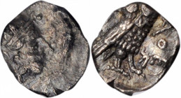PHILISTIA. Gaza. AR Hemiobol (0.37 gms), 5th-4th Centuries B.C. NGC Ch AU, Strike: 4/5 Surface: 4/5.

HGC-10, 557. Imitating Athens. Obverse:  Helmete...