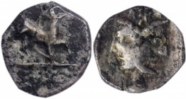 SAMARIA. AR Obol (0.66 gms), ca. 375-332 B.C. NGC Ch VF, Strike: 4/5.

HGC-10, 419. Obverse: Goat crouching right, head left; Reverse: Janiform head, ...