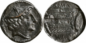 ROMAN REPUBLIC. Anonymous. AE Semuncia (5.30 gms), Rome Mint, ca. 217-215 B.C. VERY FINE.

Cr-38/7; Syd-87. Obverse: Draped bust of Mercury right, wea...