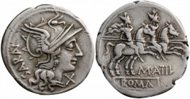 ROMAN REPUBLIC. M. Atilius Saranus. AR Denarius (3.97 gms), Rome Mint. CHOICE VERY FINE.

Cr-214/1c; Syd-398d. Obverse: Helmeted head of Roma right; X...
