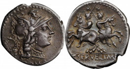 ROMAN REPUBLIC. C. Servilius M.f. AR Denarius (3.88 gms), Rome Mint, 136 B.C. NEARLY EXTREMELY FINE.

Cr-239/1; Syd-525. Obverse: Helmeted head of Rom...
