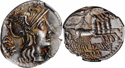 ROMAN REPUBLIC. M. Aburius M.f. Geminus. AR Denarius, Rome Mint, 132 B.C. NGC MS.

Cr-250/1; Syd-487. Obverse: Helmeted head of Roma right; mark of va...